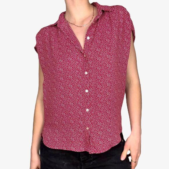 Loft red white polka dot heart flowy button up short sleeve blouse - Picture 1 of 8